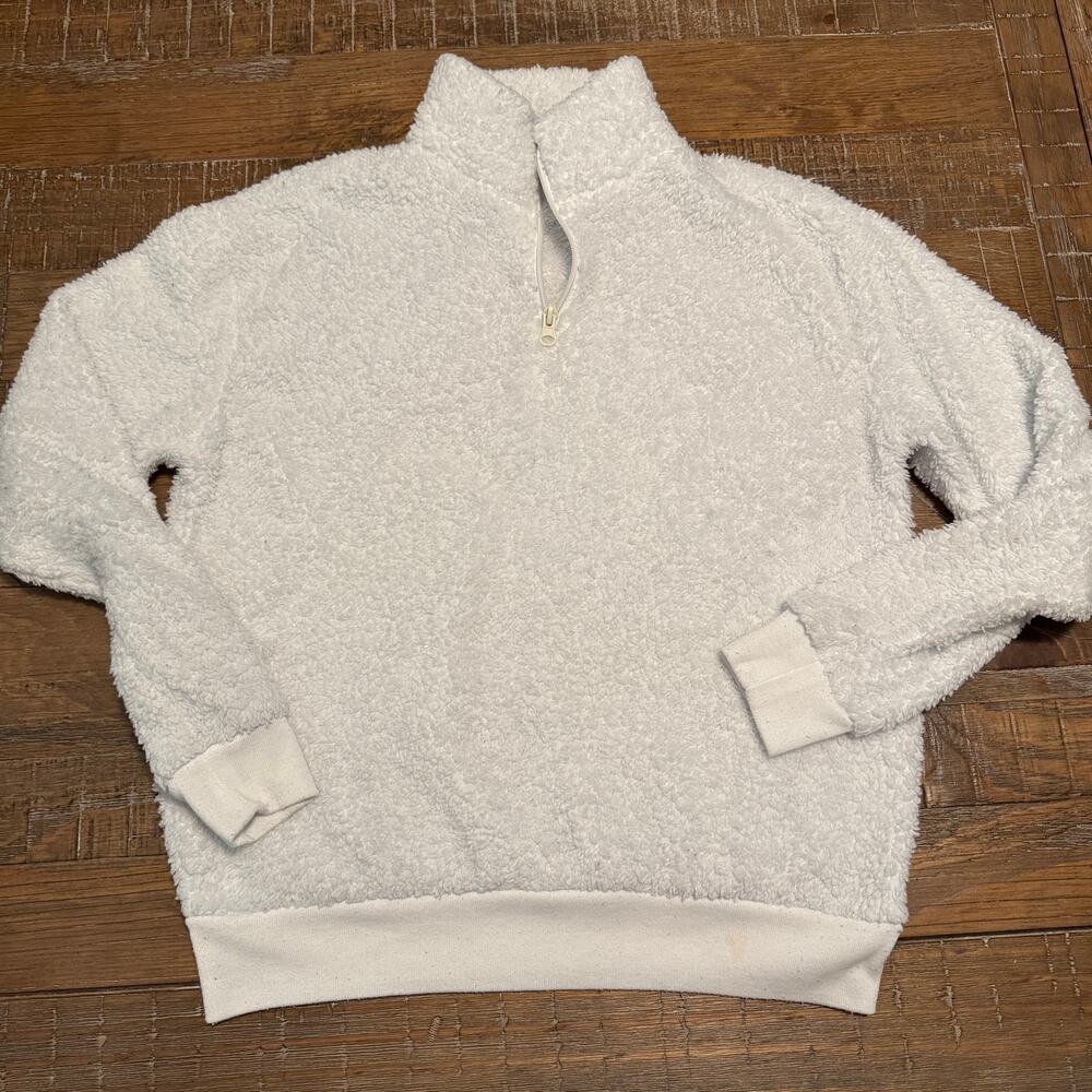 Fifth Sun White Sherpa Fleece Quarter Zip Pullover Sweater Womens XS Fuzzy Cozy